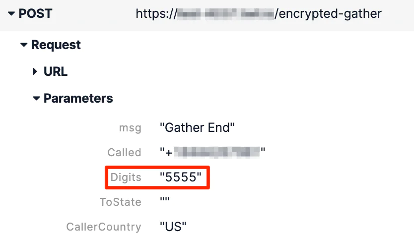Encrypted gather POST request showing digits 5555 and US caller country