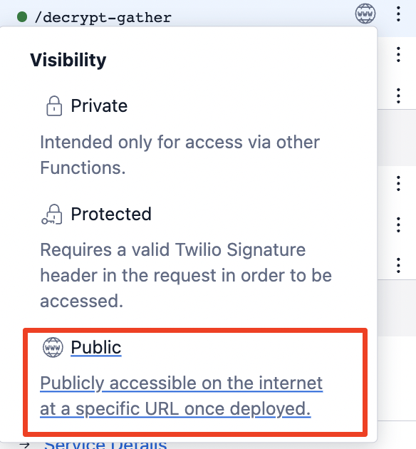 Public Serverless Function visibility setting from the Twilio Console UI