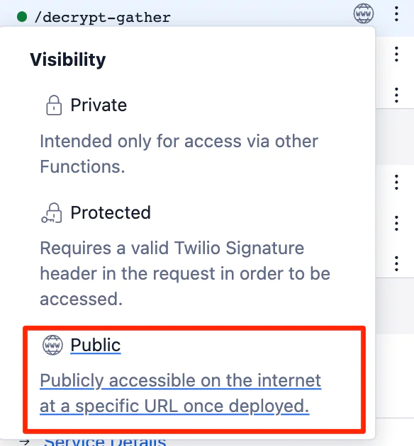 Screenshot of Twilio Function visibility settings with options