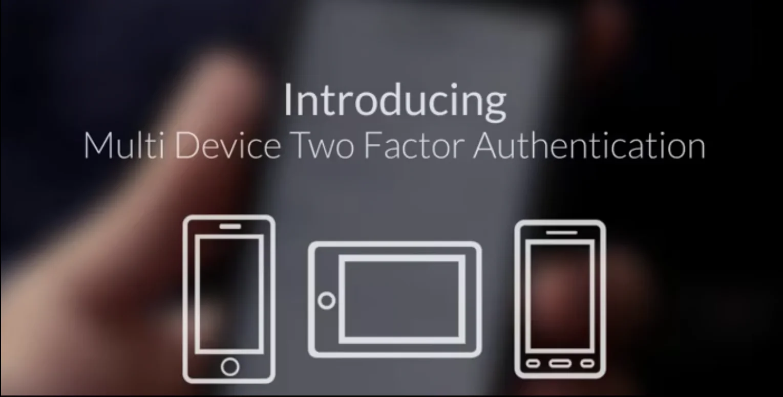 Hand holding a phone with text Introducing Multi Device Two Factor Authentication and various device icons.