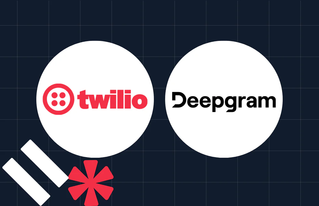 Twilio and Deepgram logos on a dark grid background with geometric shapes.