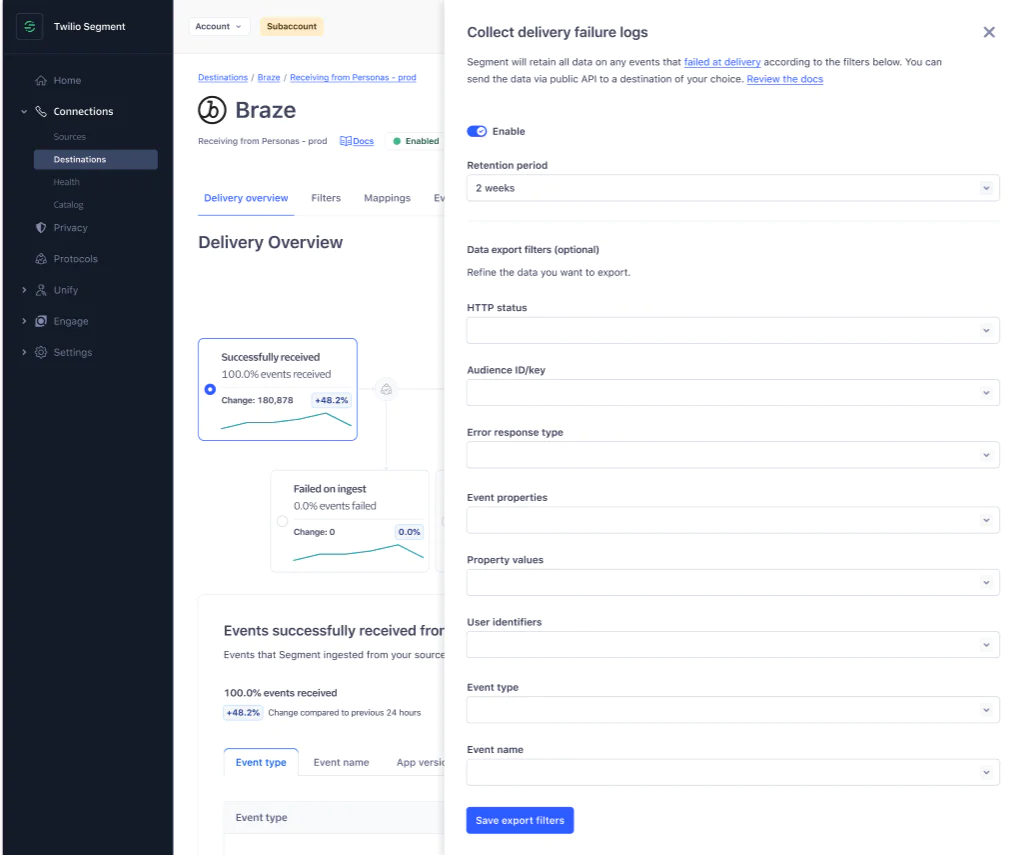 Data Export Configuration in Twilio Segment Interface Twilio Segment interface showing data export configuration options with delivery overview and log collection settings.