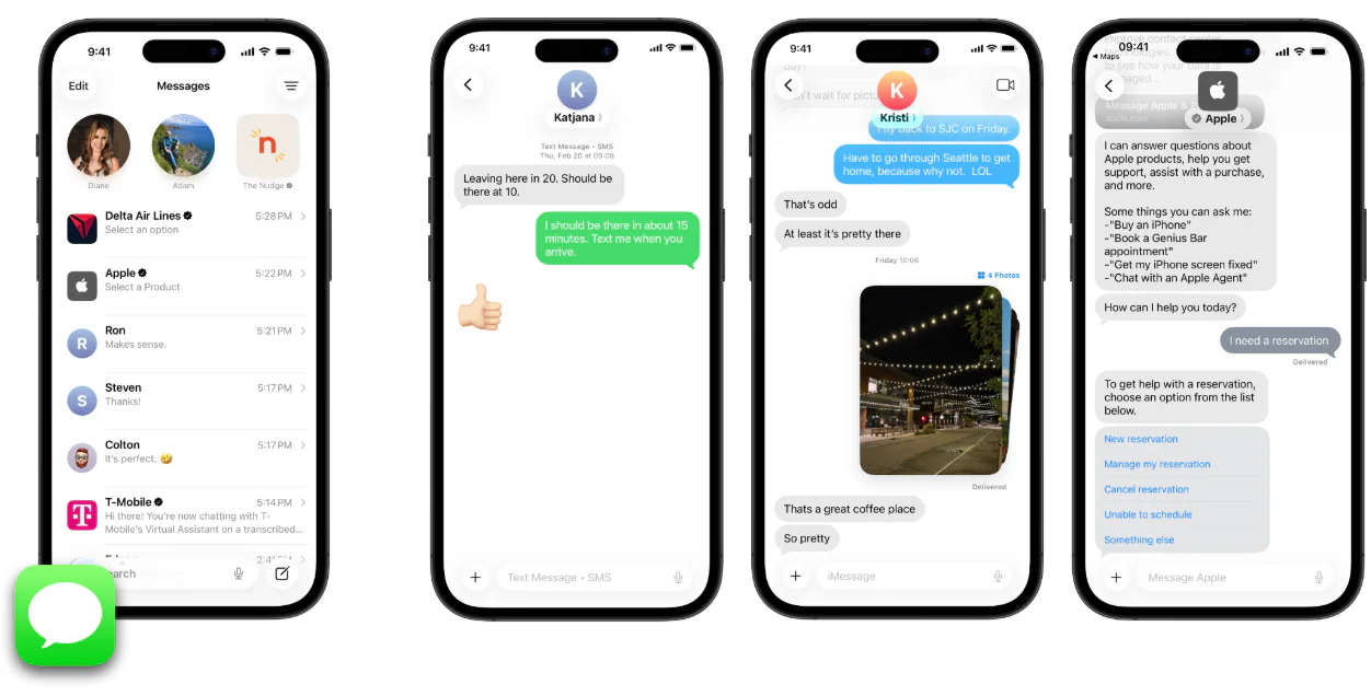 Four iPhone screens showing various text message conversations and iMessage menu.