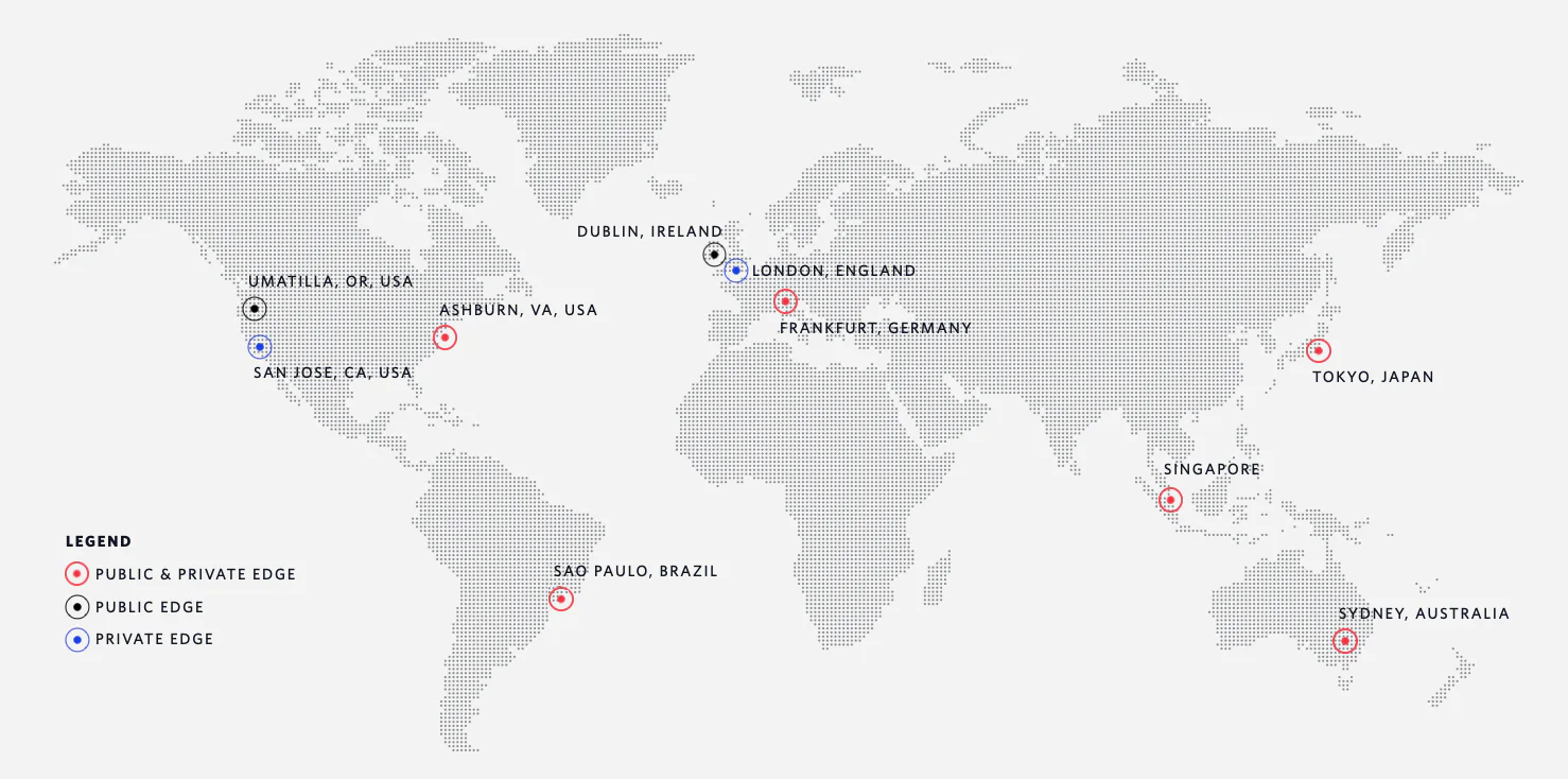 World map showing public and private edge locations in various cities across different continents.