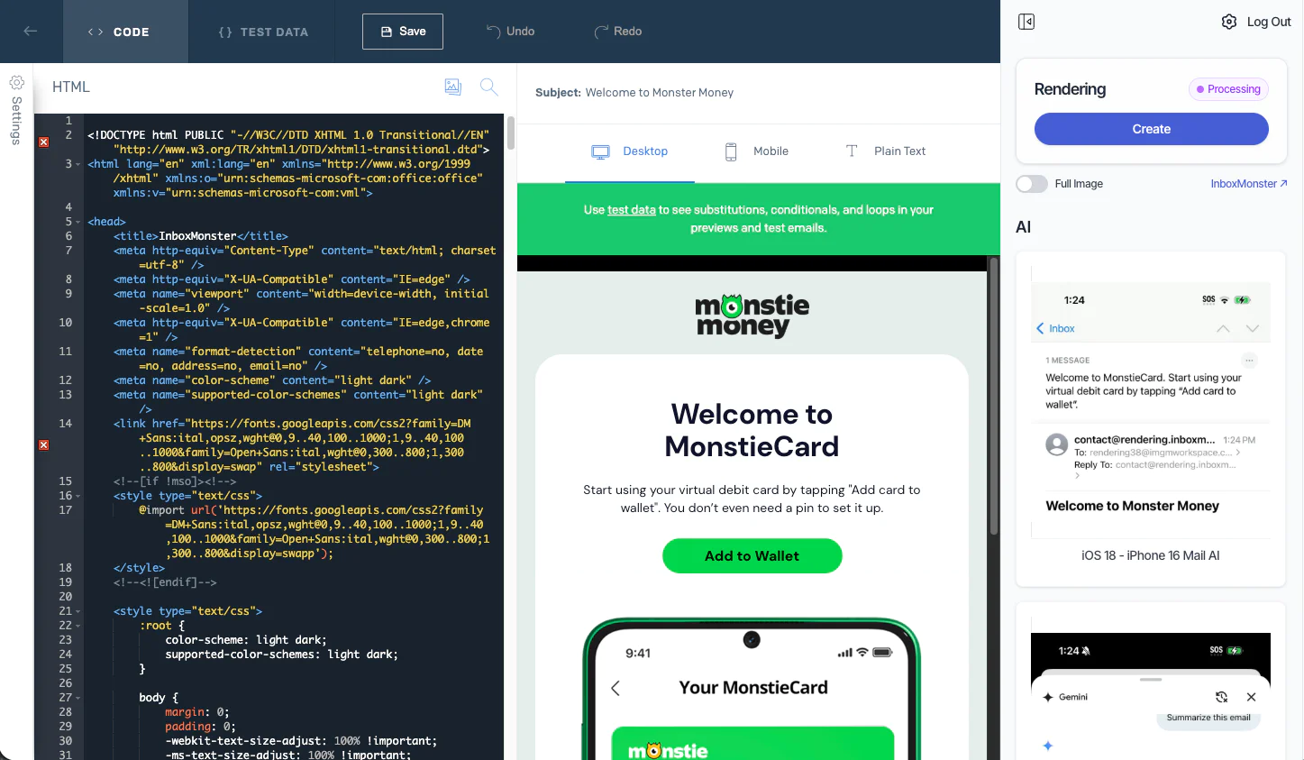 HTML code editor and email rendering preview for MonstieCard on web and mobile.