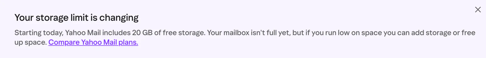 Yahoo Mail notice about 20GB free storage starting today with a link to compare storage plans.
