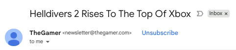 Email Notification for Helldivers 2 Game Rise on Xbox Email about Helldivers 2 Rises To The Top Of Xbox from TheGamer newsletter.