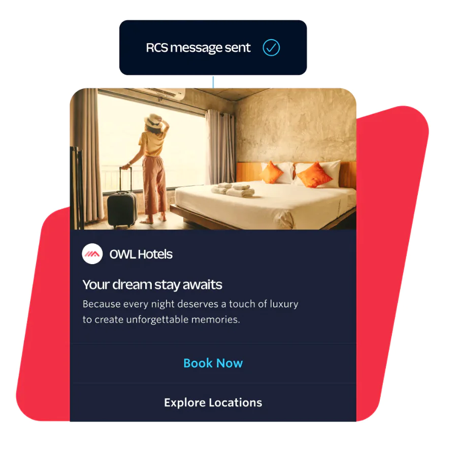 Woman with luggage looking out of hotel room window with bed and text about hotel stay on screen.