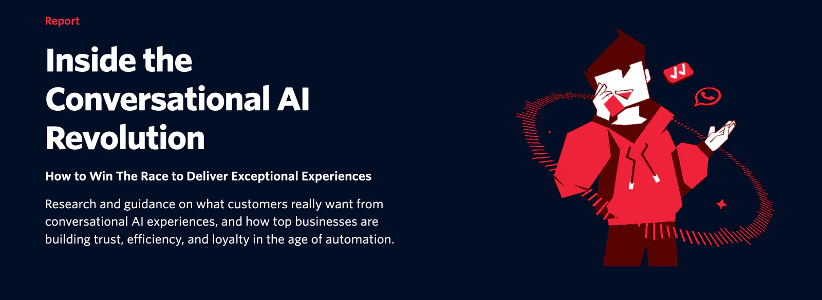 Illustrated person with headset promoting a report on conversational AI and business strategies.