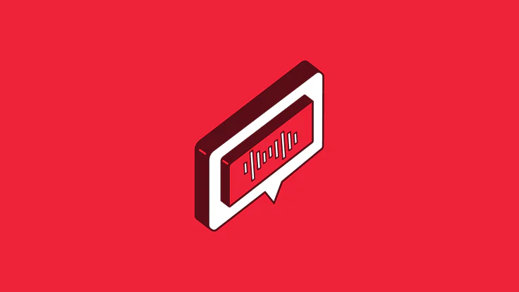 3D speech bubble icon on red background with soundwave graphic inside