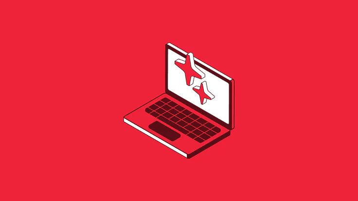 Illustration of a laptop with two airplane icons on the screen against a solid red background.
