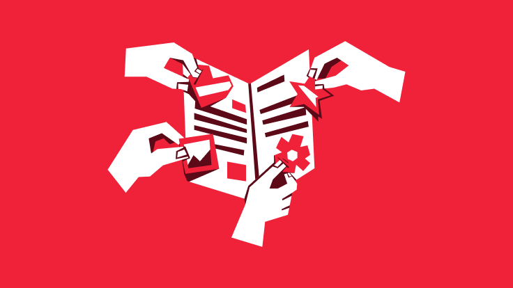 Illustration of an open red envelope with a white letter on a red background