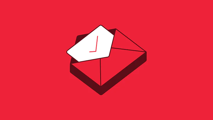 Illustration of an open red envelope with a white letter on a red background