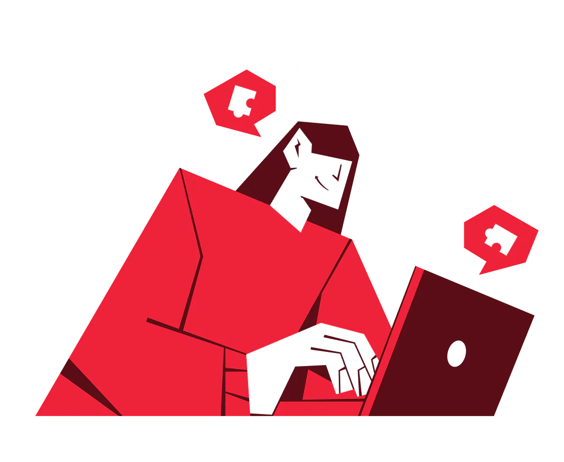 Illustration of a person in red using a laptop with puzzle icons and stars around them.