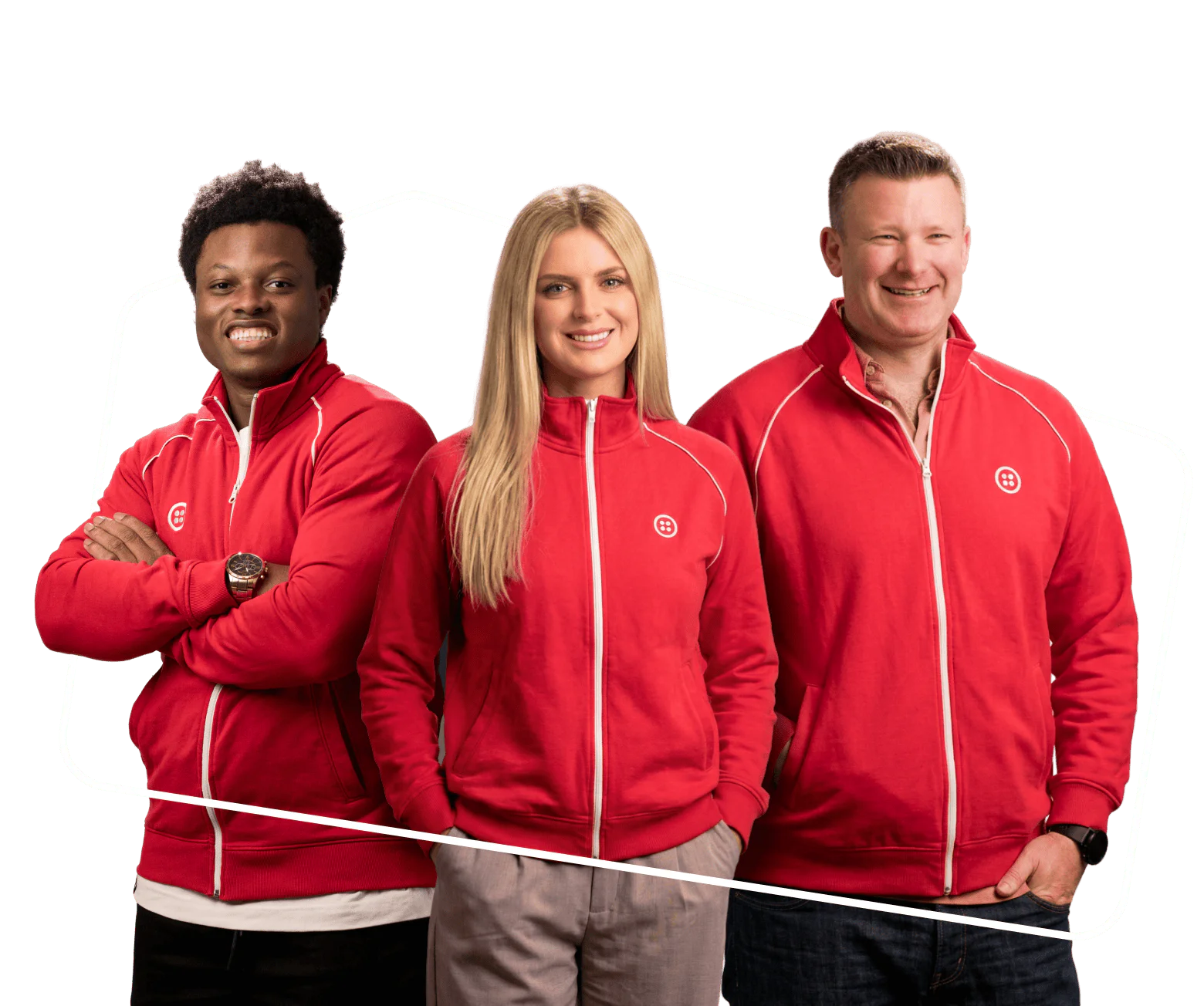 Three individuals in red jackets pose while smiling against a green background with a white outline.