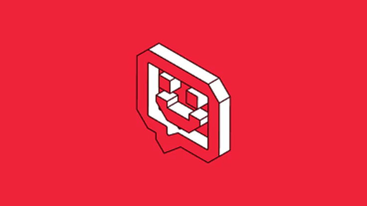 Pixel art of a smiling face within a chat bubble on a red background