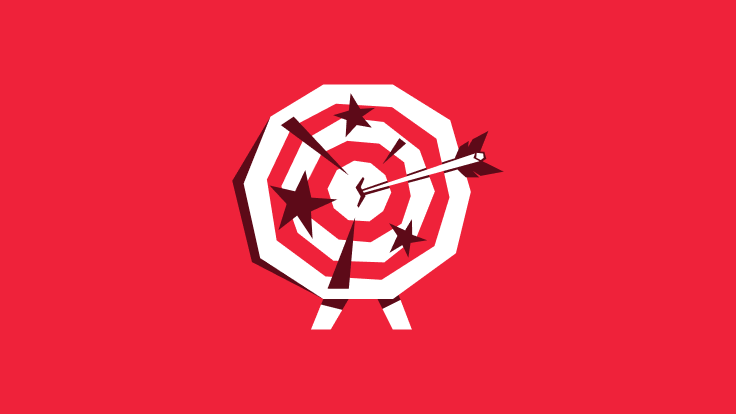 An optical illusion of a 3D geometric shape with hollow sections, displayed on a red background.