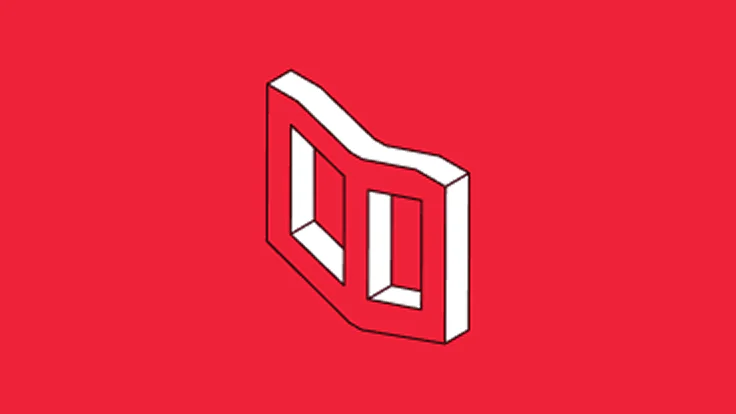 An optical illusion of a 3D geometric shape with hollow sections, displayed on a red background.