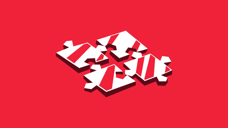 A white and red abstract isometric 3D symbol on a bright red background.