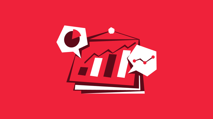 3D isometric layered shape with geometric design on a red background.