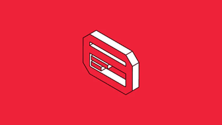 3D isometric layered shape with geometric design on a red background.