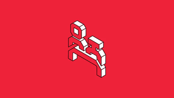 3D isometric pixel art of a blocky figure running, displayed on a solid red background.