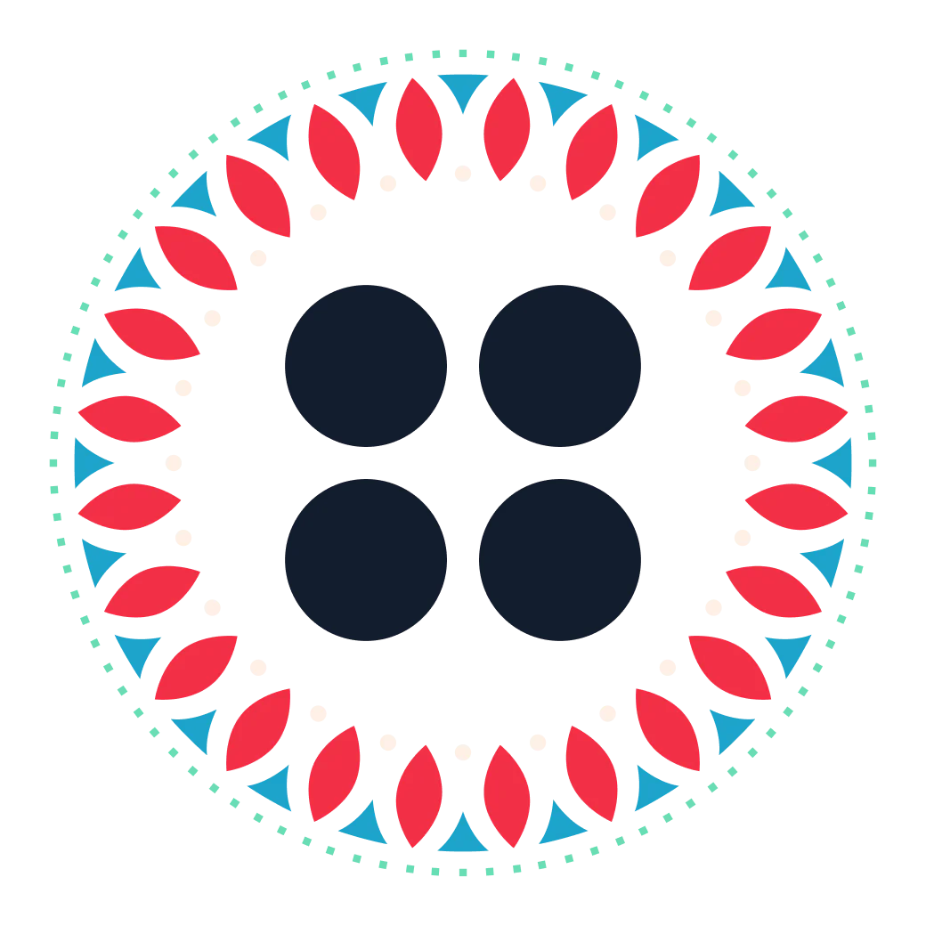 A vibrant mandala design featuring red, purple, and blue geometric shapes in a circular arrangement.