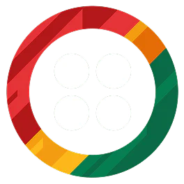 Multicolored circular logo with four white circles in the center.