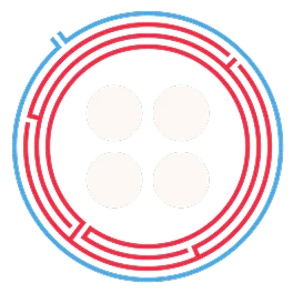 A detailed circular pattern with four small white circles centered within multi-layered red and blue rings.