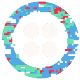 A circular mosaic pattern with four white circles in the center and pixelated colors around the edges.