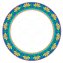 Circular button design with bright, intricate patterns and four holes in the center.