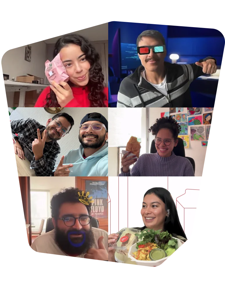 Collage of six people on a video call, each engaged in different activities like holding items, eating, and posing.