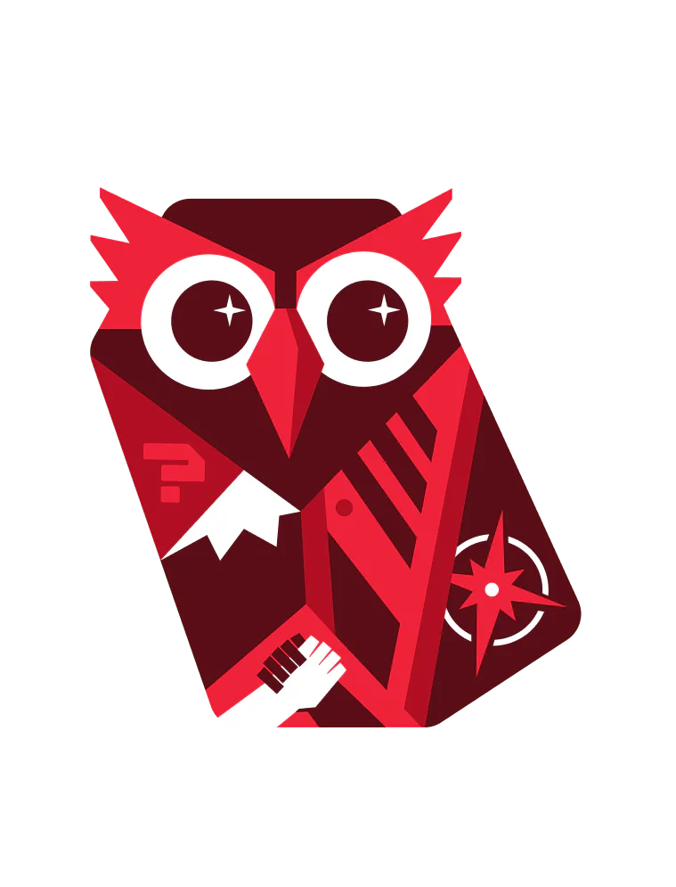 Red and white geometric owl graphic with a compass and a hand holding a key shape.