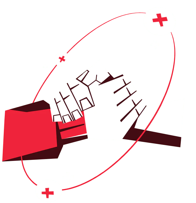 Two hands shaking with red outlines and medical crosses, symbolizing collaboration and healthcare.