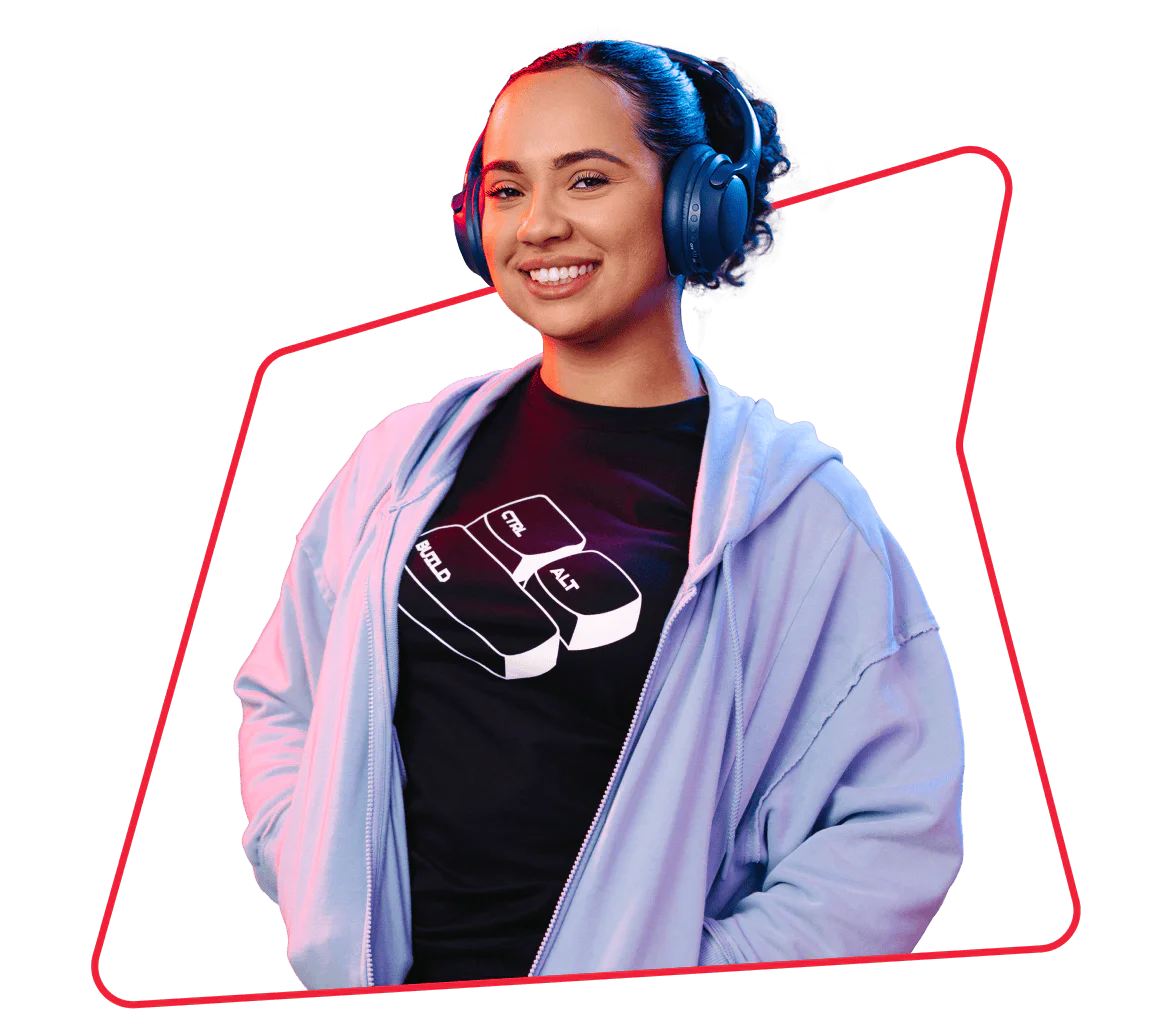 Woman smiling, wearing headphones, a black T-shirt with a tech design, and a light blue jacket.