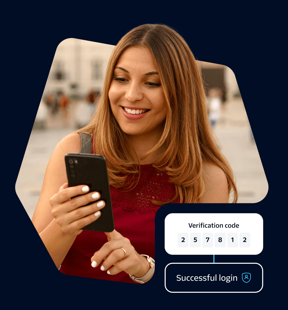 Smiling woman holding a phone with a verification code and successful login notification displayed.