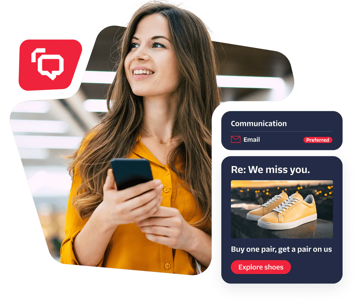 Smiling woman holding phone next to shoe ad with We miss you message.