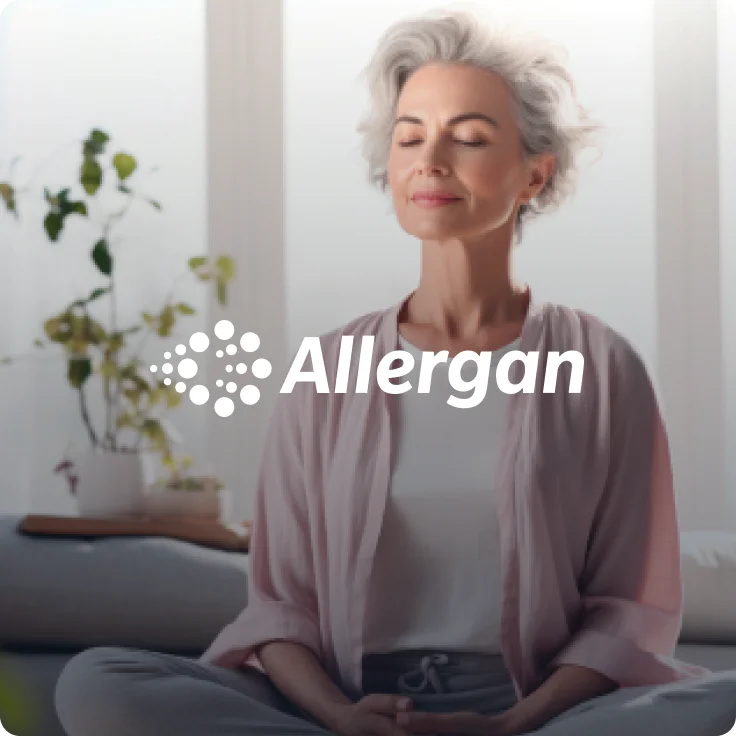 Allergan logo card with a relaxed woman in the background