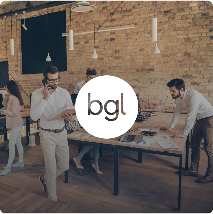 BGL logo card with a set of four professional agents working in an office
