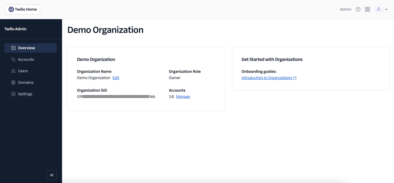 Screenshot of Twilio Admin Dashboard highlighting Demo Organization details and management options. Screenshot of Twilio Admin Dashboard highlighting Demo Organization details and management options.