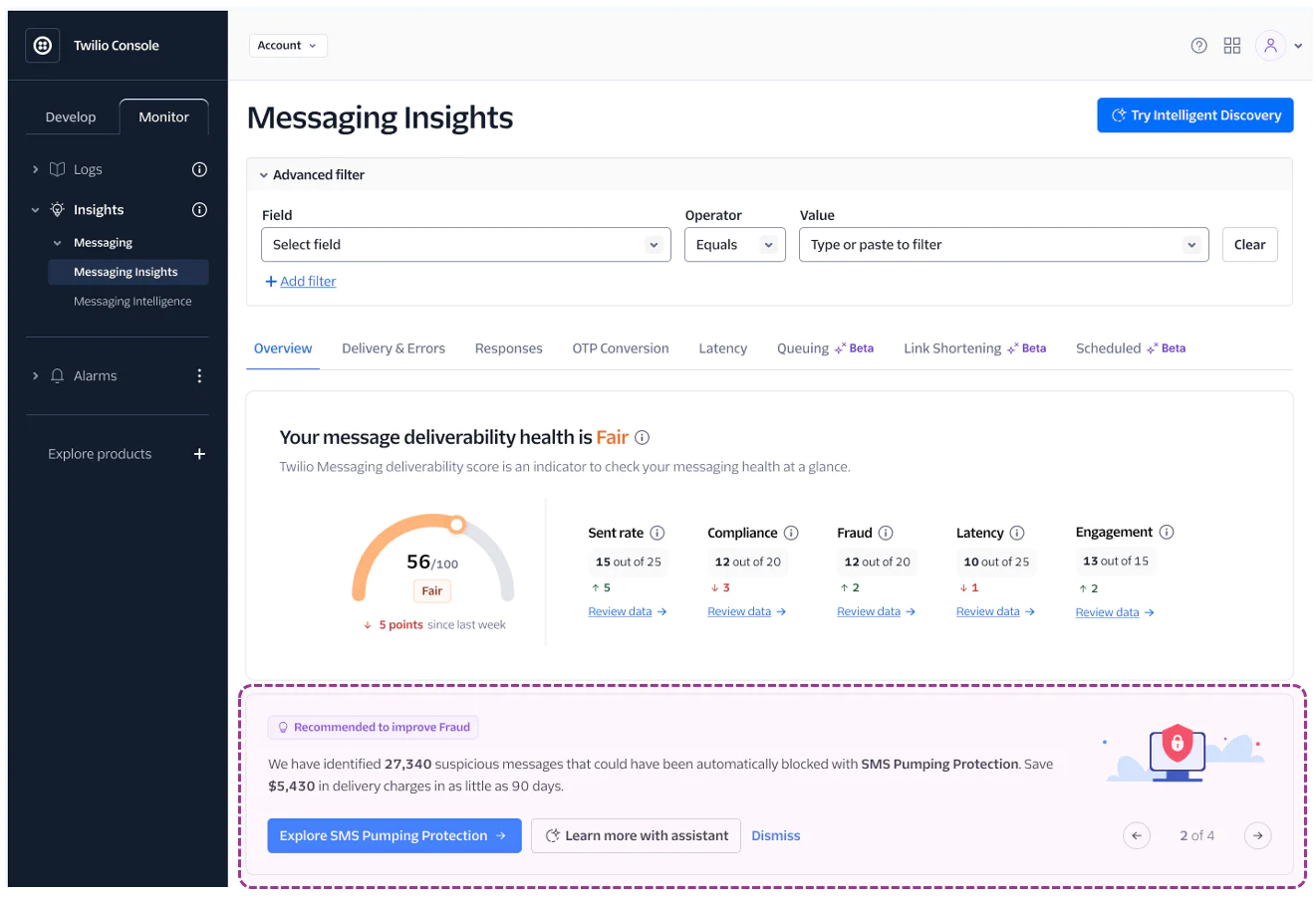 Twilio Console Messaging Insights with Personalized Recommendations Screenshot of Twilio Console's Messaging Insights dashboard highlighting personalized recommendations