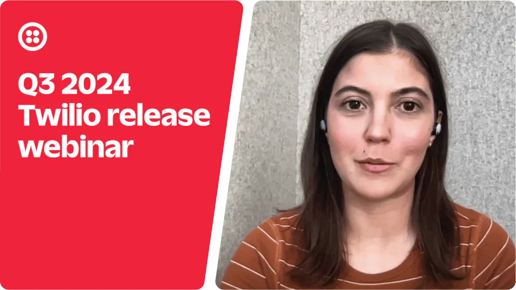 Woman in a striped shirt speaking in a webinar with Q3 2024 Twilio release webinar text beside her.