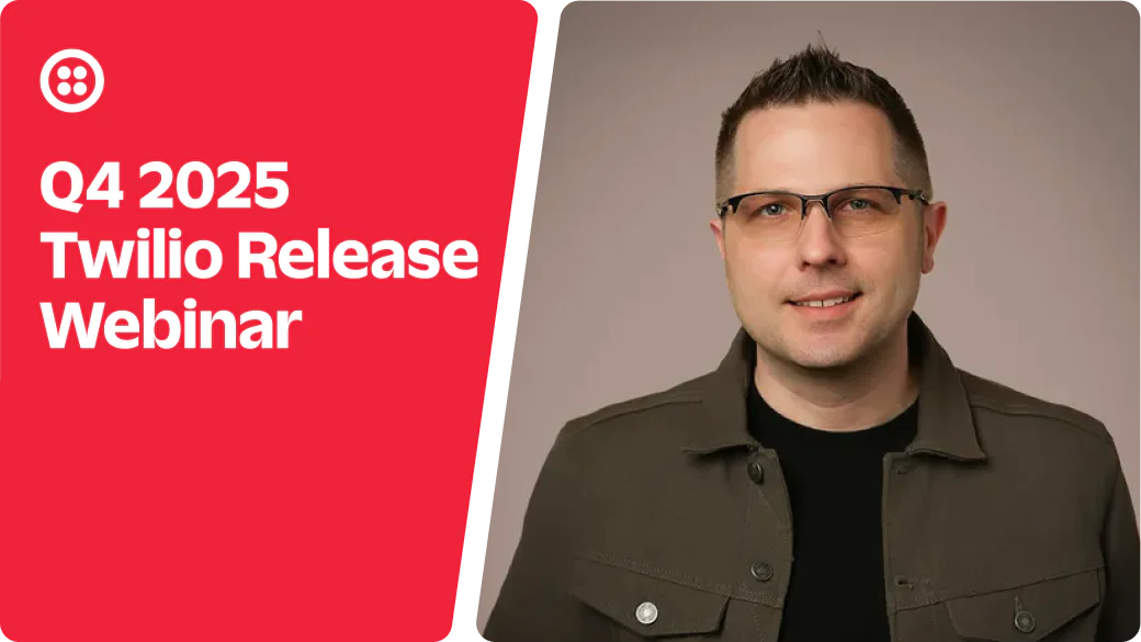 A promotional image for the Q4 2025 Twilio Release Webinar featuring a man in glasses and a jacket.