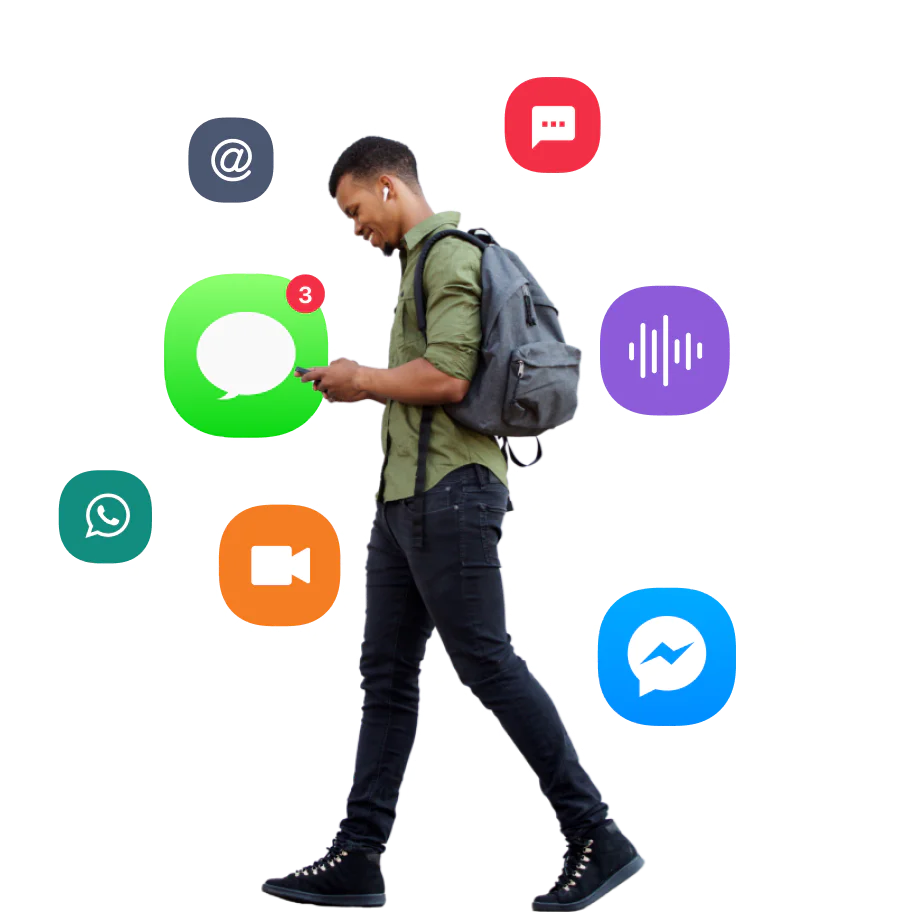 Person surrounded by data and communication channels
