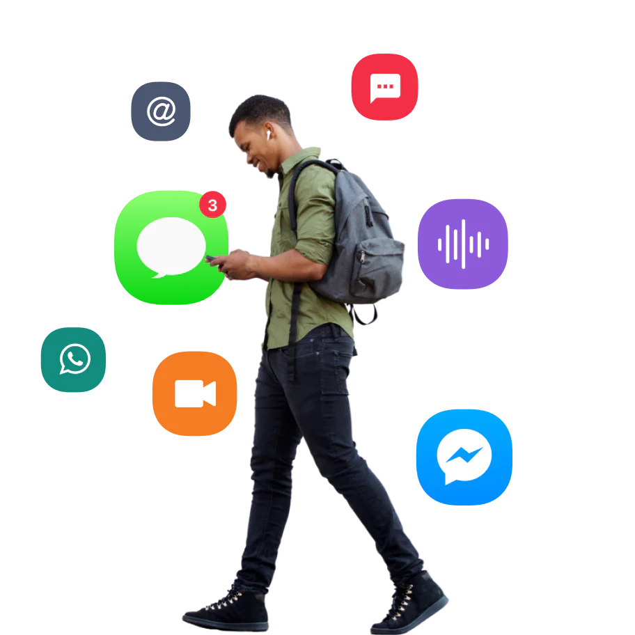 Person surrounded by data and communication channels Person surrounded by data and communication channels