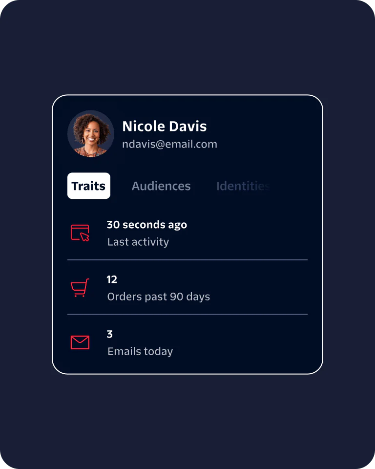 Profile card displaying a user's name, email, and recent activity on a dark background.