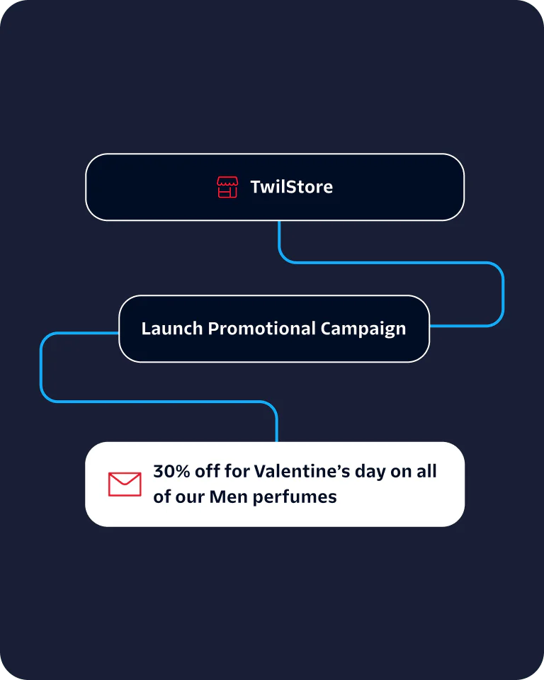 Flowchart showing TwilStore's promotional campaign offering 30% off on men's perfumes for Valentine's Day.