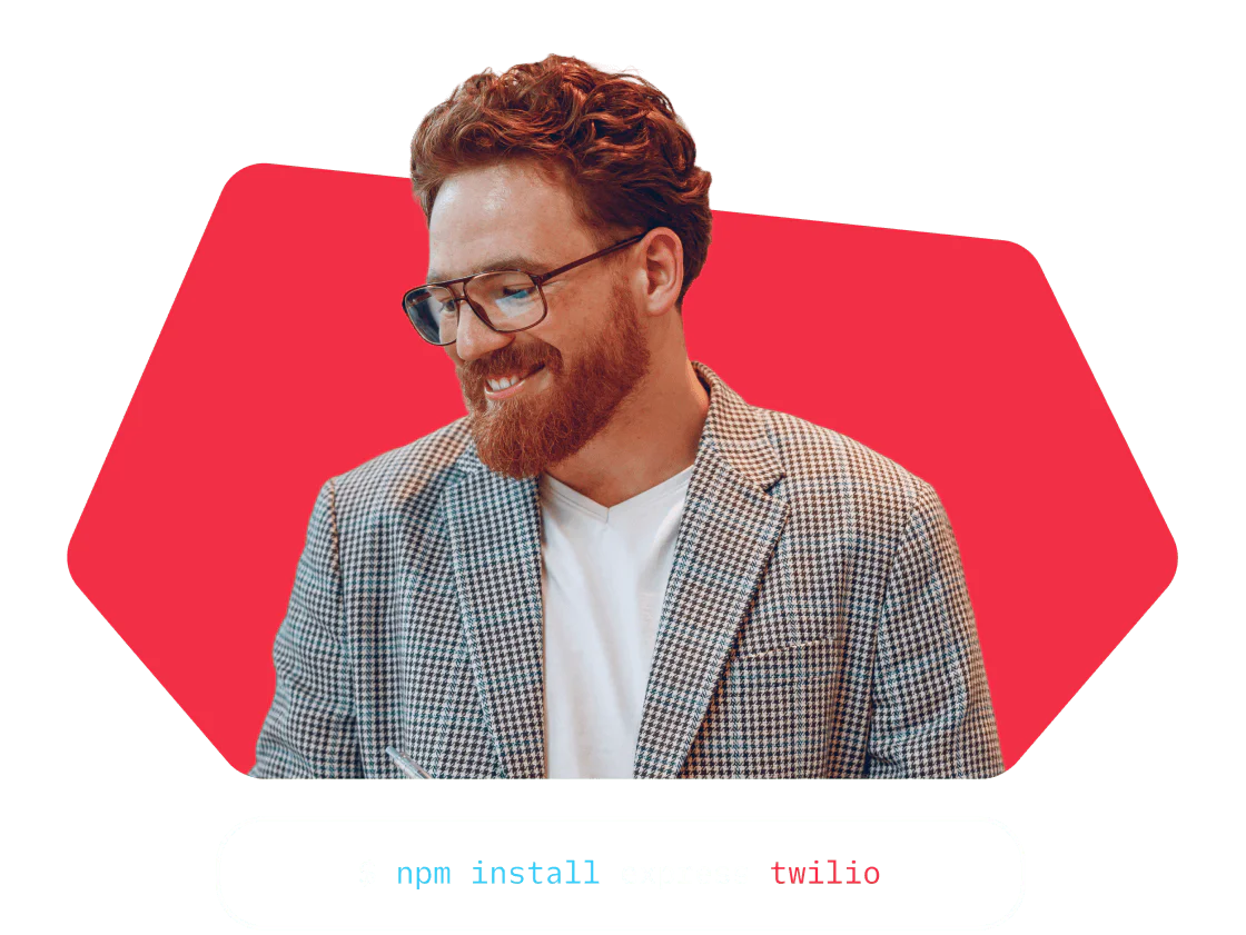 Smiling person in glasses and checkered blazer with npm install command for express and twilio