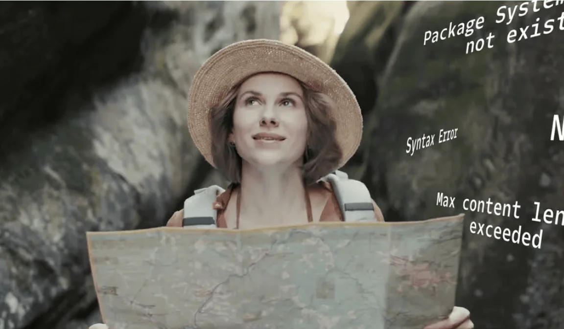 A woman wearing a hat holds a map, looking hopeful despite error messages around her.