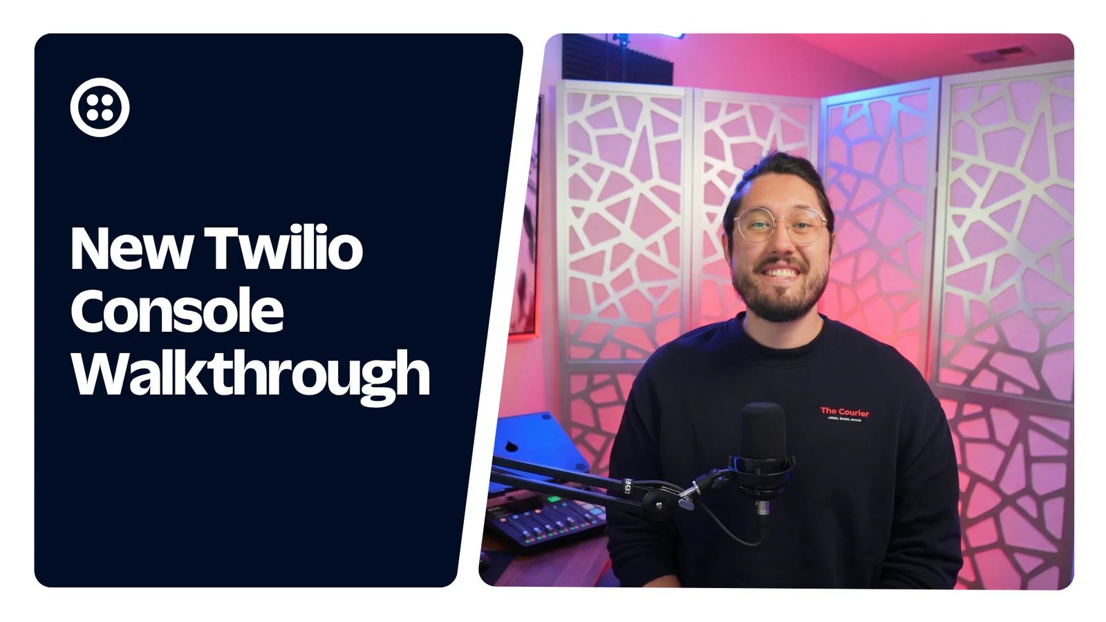 Man presenting a Twilio console walkthrough in a styled recording room